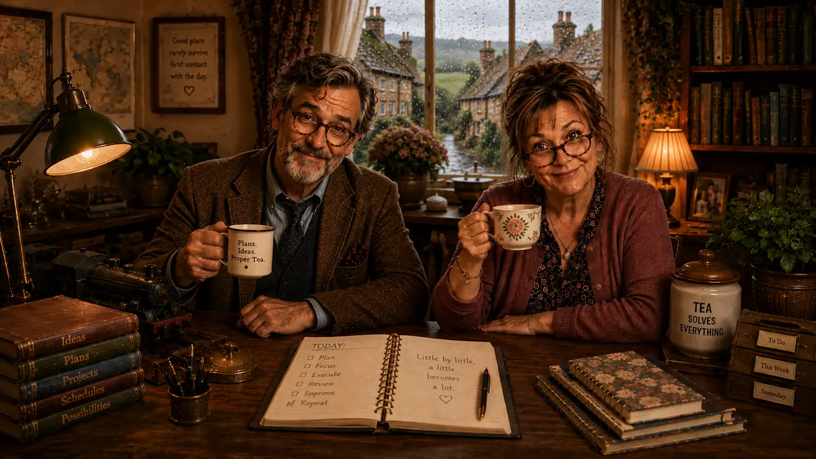 Arthur and Juliette at their cottage desk